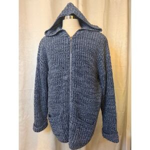 Chunky Knit Marled Blue Zip Up Hoodie Sweater Jacket XL Pockets Relaxed